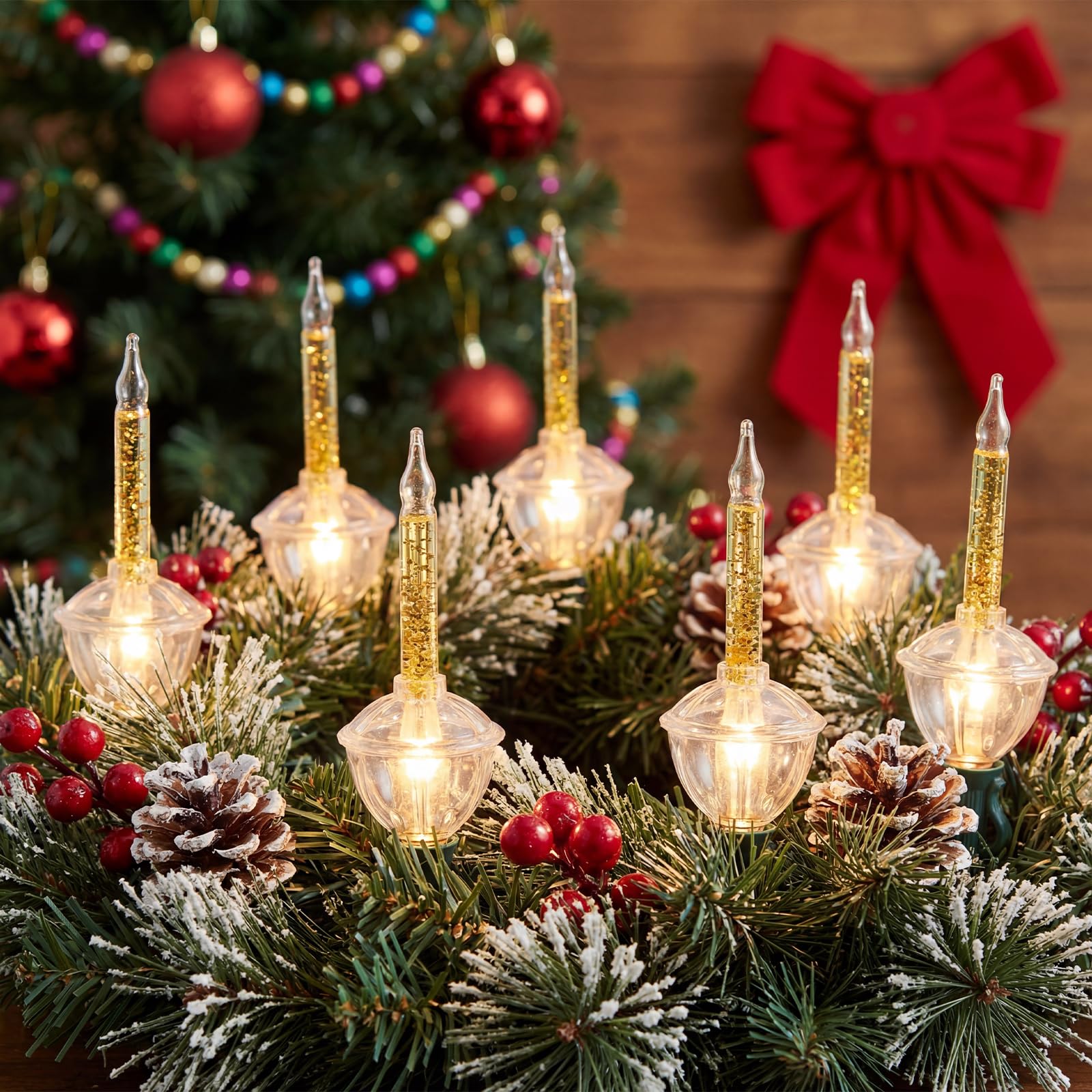 Romasaty Christmas Bubble Lights Set, 11Ft Vintage String Lights, 8 Clear Bulbs with Gold Glitter, Traditional Bubble Lights for Christmas Tree, Party Indoor/Outdoor Decor, Green Wire