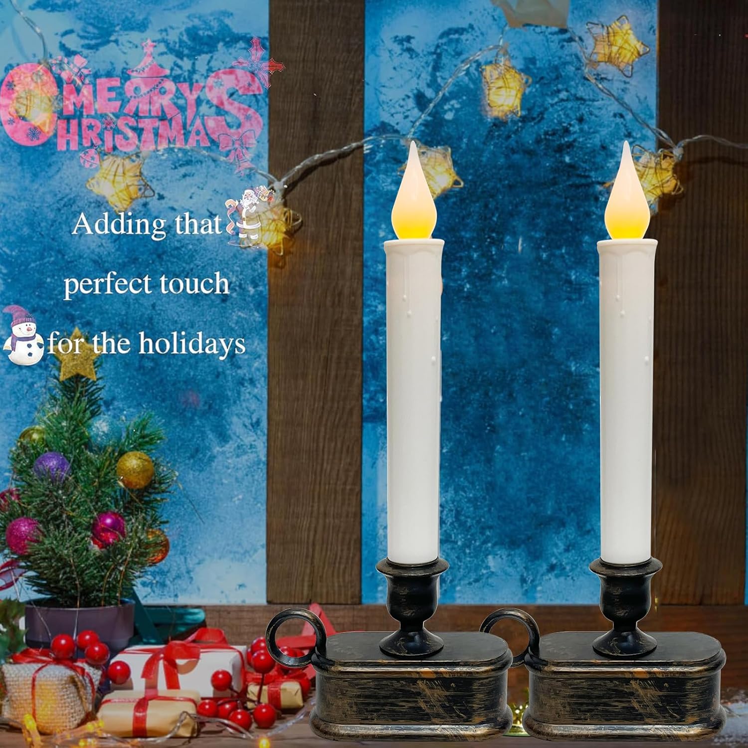 4 Pack LED Flameless Taper Candles by [Brand Name] - Dusk to Dawn Sensor, Battery Operated, Bronze Base for Christmas Home Decor