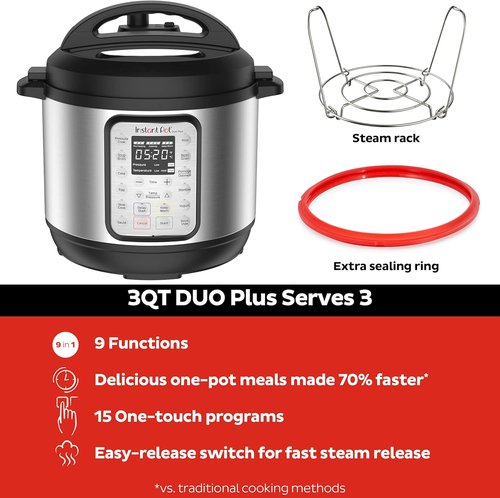 Instant Pot Duo Plus 9-in-1 Electric Pressure Cooker - Versatile Cooking & 800+ Recipes - Stainless Steel, 3 Quart