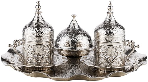 DEMMEX Turkish Greek Arabic Coffee Making and Serving Full Set with Cups Saucers Lids Sugar Bowl Tray and Copper Coffee Pot, Hand Decorated with Gold Crystals, 12 Pcs (Silver)