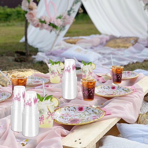 ZCPTZ 100 Pcs Pink Bow Plastic Cups, 12 oz Cute Bow Drinking Cups Pink Bow Clear Disposable Plastic Cups for Bridal Shower Wedding Birthday Party Supplies