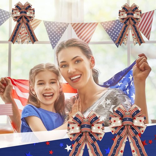 Moucuny Patriotic Burlap Bows - 4th of July Red, White & Blue Stars | Memorial Day Tree Topper & Wreath Decor