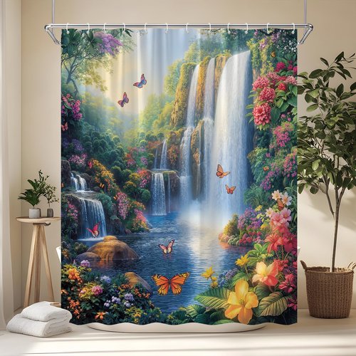 ZQANZQ Waterfall Shower Curtain Rustic Floral Butterfly Fantasy Forest Tropical Green Plant Lake Fairytale Spring Garden Nature Landscape Bathroom Decor Set with Hooks