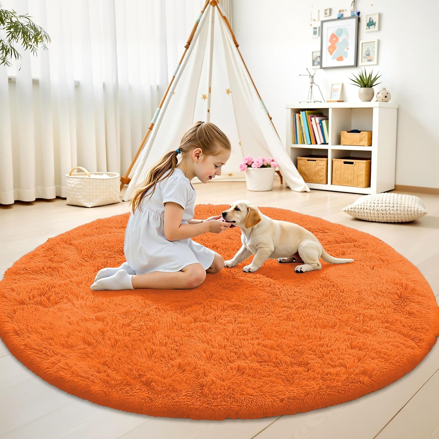 OLANLY Orange Round Rug - Soft, Fluffy Shaggy Carpet for Bedroom & Living Room | 9 ft Circle Area Rug
