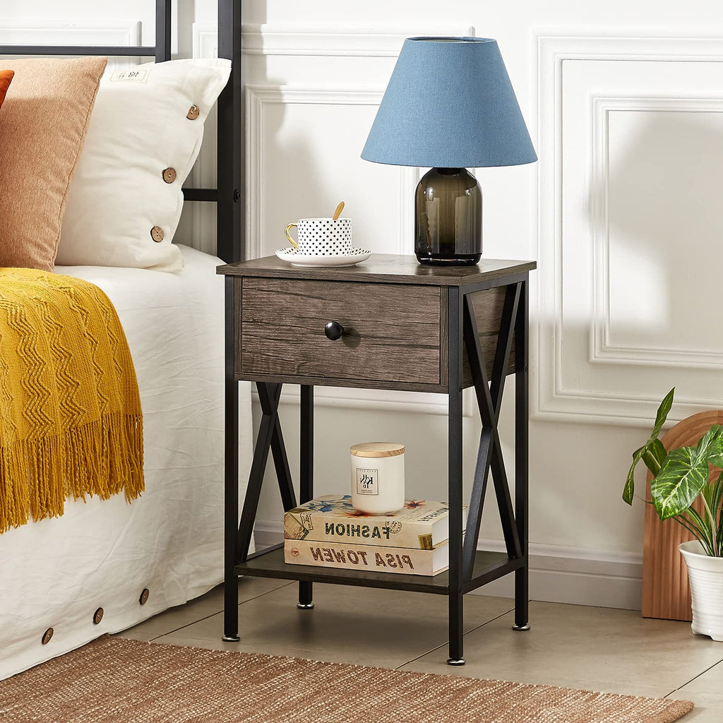 VECELO Nightstand,Modern Bedside End Table, Night Stand with Drawer and Storage Shelf for Living Room Bedroom, Industrial Metal Frame