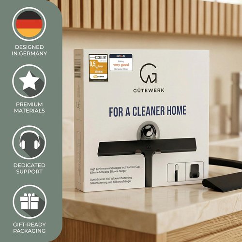 GÜTEWERK Silicone Shower Squeegee - Streak-Free Glass & Mirror Cleaner | 13-Inch, Black, No-Drill Mount