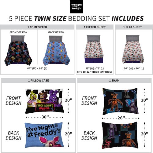 Franco Kids Bedding | Super Soft Comforter & Sheet Set with Sham - 5 Piece Twin Size, Five Nights At Freddy's