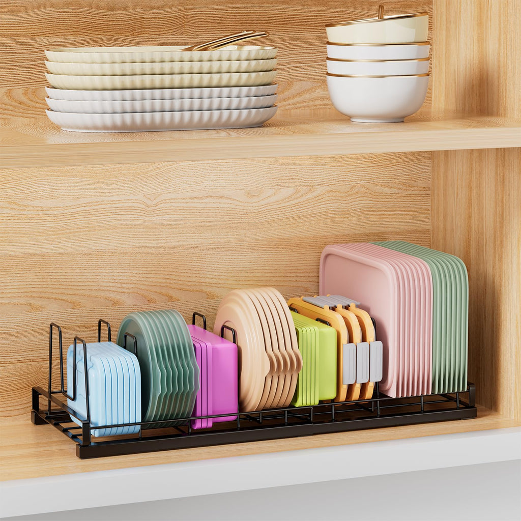 GAGUIUP Premium Adjustable Kitchen Bakeware and Pan Organizer - Food Container Lid Organizer Ideal for Cabinet, Drawers, Cupboard, Pantry Storage, Matte Black