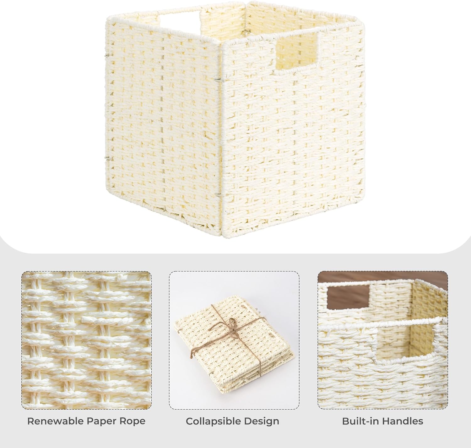 StorageWorks Wicker Baskets - Handwoven Storage Cubes with Handles, Foldable Beige Paper Rope, 2 Pack