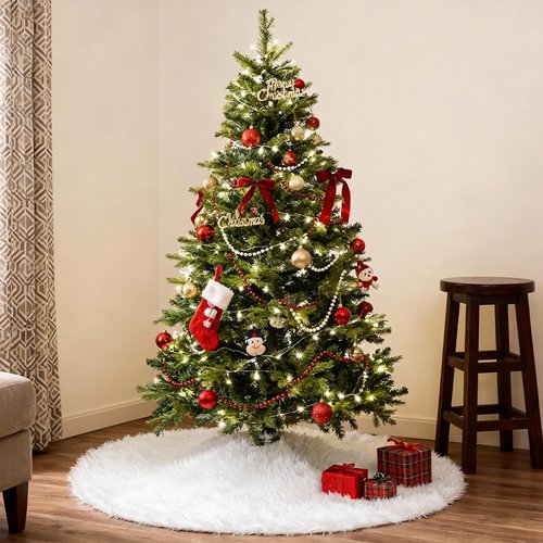 48 Inch Christmas Tree Skirt Large White Faux Fur Plush Xmas Tree Skirts Mat for Merry Christmas Party Holiday Luxury Christmas Decorations Indoor Xmas Home Decor