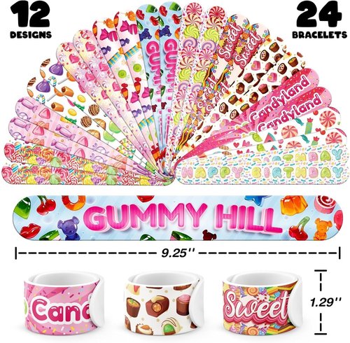 Candyland | 60 PCS Party Favors Set - 36 Temporary Tattoos & 24 Slap Bracelets for Kids, Ideal for Baby Showers & Birthday Parties