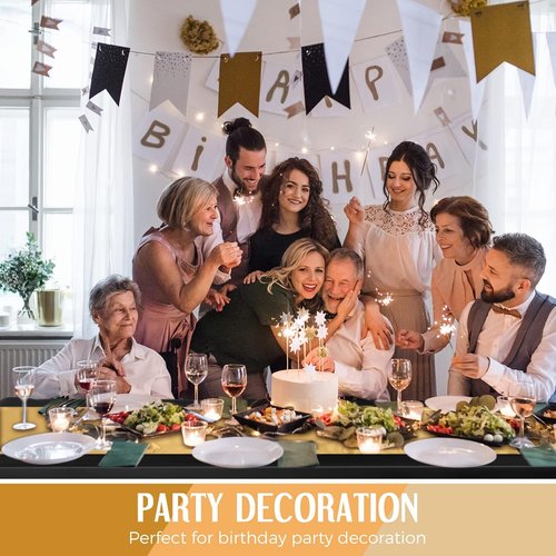 Breling Black and Gold Disposable Tablecloths Set - 24 Packs with Satin Runners | 54 x 108 Inch Tablecloths, 12 x 108 Inch Runners for Weddings, Graduations, and Parties