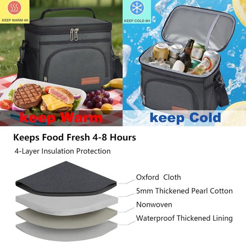 ExtraCharm Insulated Lunch Bag - Leakproof Cooler Tote for Office, Picnic, Hiking | Adjustable Strap - Black