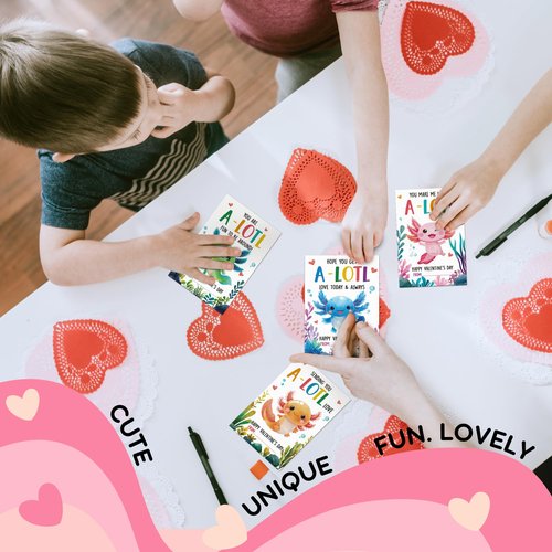 HUNIGIFT Axolotl Valentines Day Exchange Card, 36 Packs for Kids, School, Party Favors - Axolotl Valentine Cards, Animal Valentines Day Cards - 3.2''x 4.7'' Cute 6 Designs with Envelopes, Stickers
