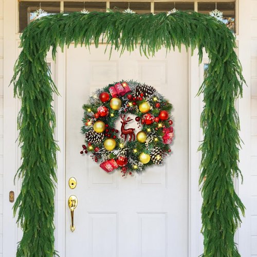 6 FT Christmas Garland Real Touch Norfolk Pine Garland Realistic, Christmas Faux Cedar Garland with Lights for Mantle Table Front Door Indoor Outdoor Holiday Christmas Decor