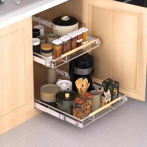 KIKIBRO Expandable Pull Out Drawer Cabinet Organizer, Adjustable Width Bottom-Mounted Slide Out Storage Shelves for Cabinets, Required Cabinet Size (14.16"~24.36", D≥17.3"), 2 Pack