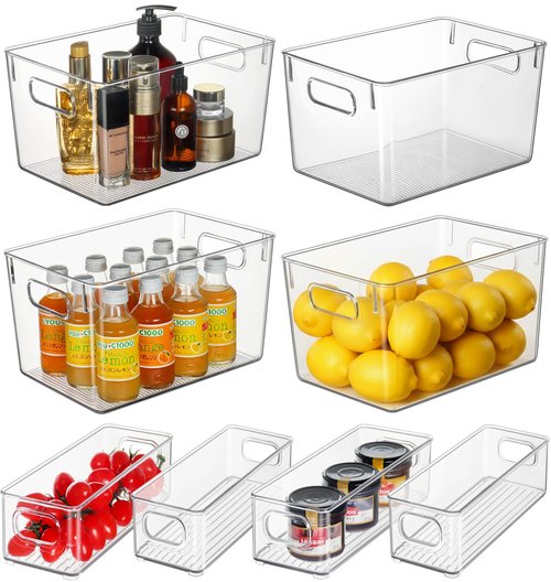 Hudgan Set of 8 Clear Plastic Storage Bins 4 Large and 4 Small Stackable Storage Containers for Pantry Organizers and Kitchen Storage, Cabinet, Freezer, Under Sink Organization