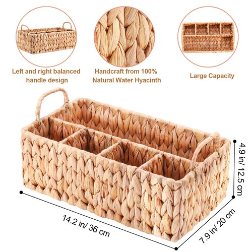 Niuirt Wicker Party Silverware Caddy, Water Hyacinth Plastic Cutlery Utensil Holder, Hand Woven with Handles, Kitchen Countertop and Picnic flatware Organizer (5 compartments)