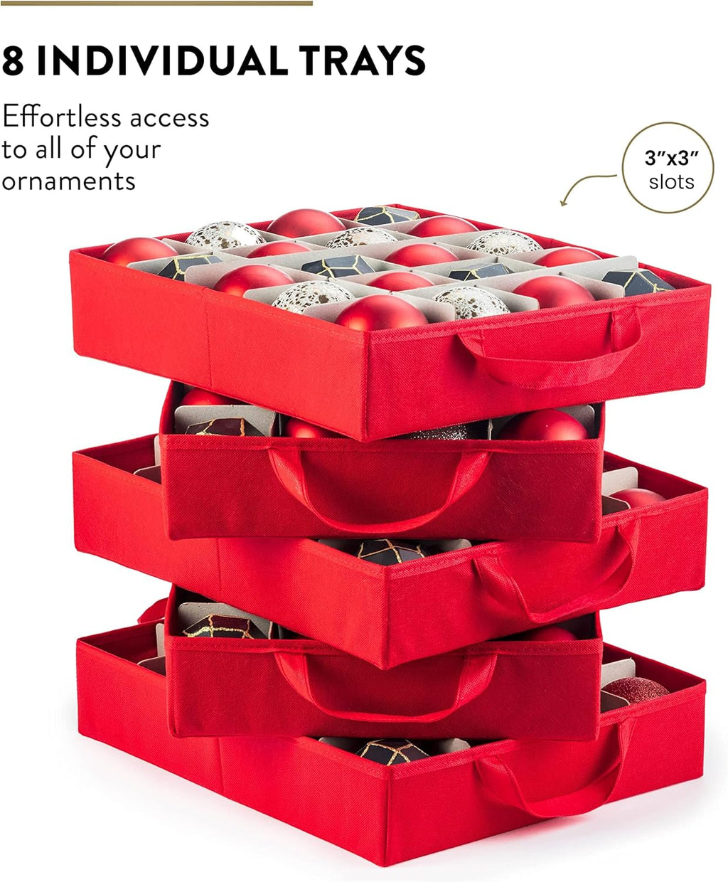 ZOBER Christmas Ornament Storage Box - Organize 200 3-Inch Ornaments with Individual Trays - Durable Red 600D Oxford Fabric
