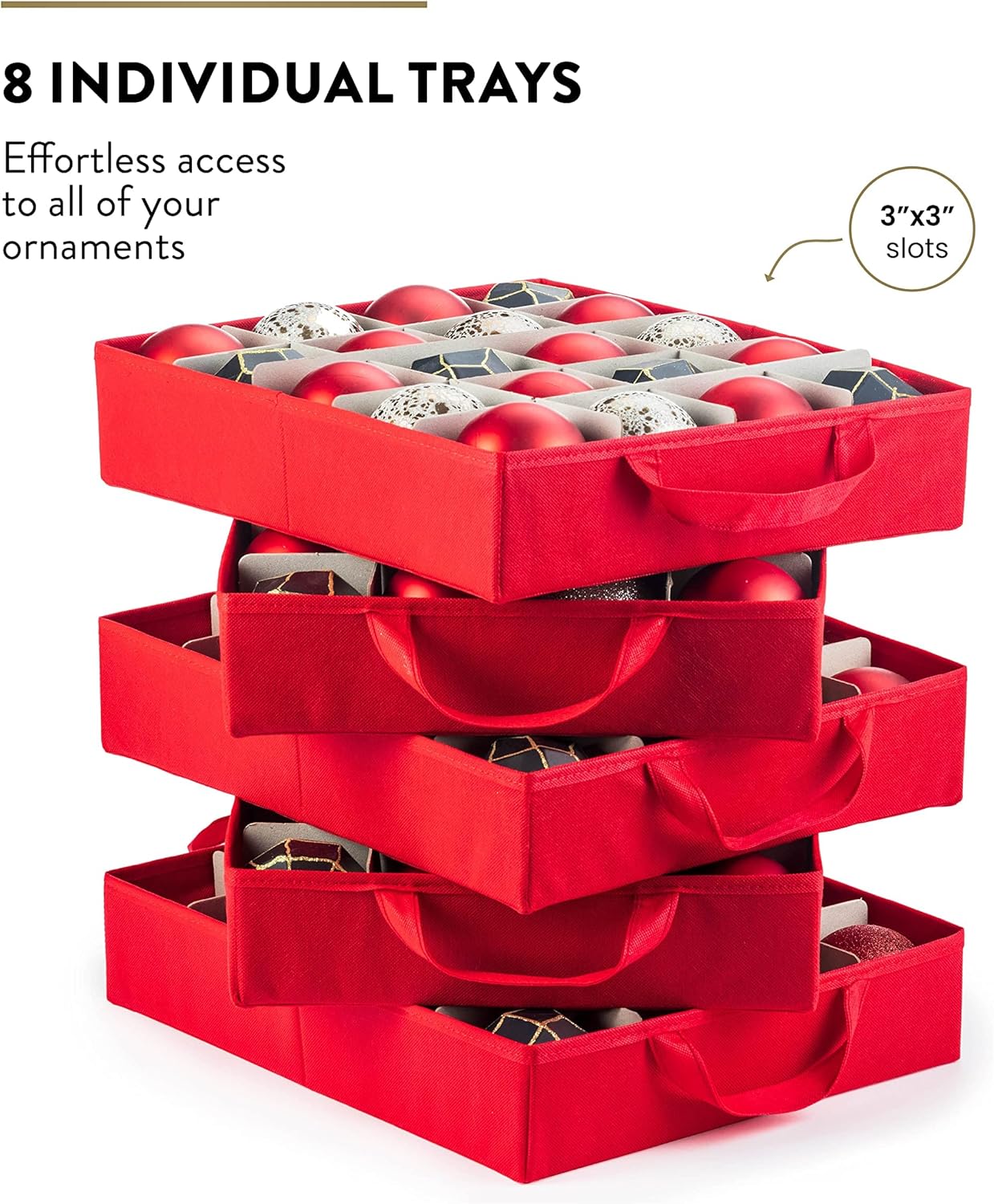 ZOBER Christmas Ornament Storage Box - Organize 200 3-Inch Ornaments with Individual Trays - Durable Red 600D Oxford Fabric