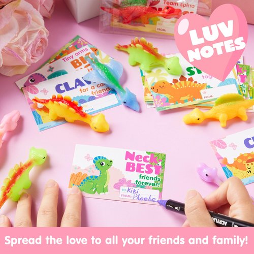 JOYIN 28 Pcs Valentine's Day Slingshot Dinosaur Toys with Cards, Strentchy Multi-Color Dinosaur Finger Toys for Valentines Day Boys Girls Kids Classroom Prize Treats Goodie Bag Stuffers Party Favors