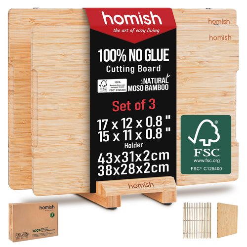 Bamboo Cutting Boards Set with Stand - 3 Piece Charcuterie Board with Handle, Truly Glue Free, Non Toxic Wood Chopping Serving Boards for Kitchen Gift Set - Dishwasher Safe [New 2026 Upgrade]