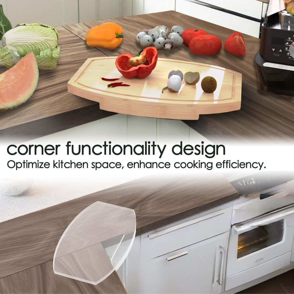 ZYWEICH Kitchen counter Bamboo Wood Corner Cutting Board, Space Saving Countertop Chopping Board with Juice Groove