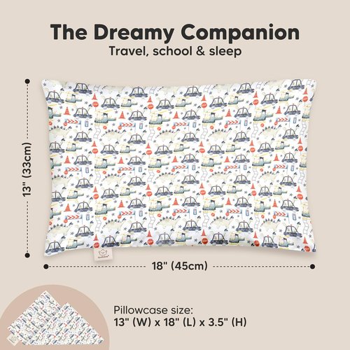 My Little Dreamy Toddler Pillow - Organic Cotton Travel Bed Pillow with Case | Soft & Breathable, 13x18, Dino Patrol for Ages 2-5