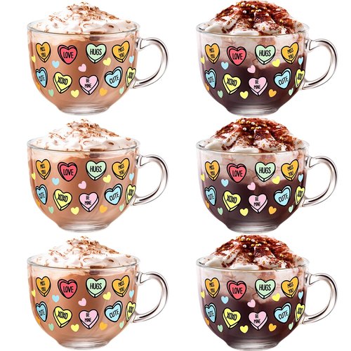 Sliner 6 Pcs Valentines Day Candy Heart Glass Coffee Mugs with Handle, 16 oz Clear Love Conversation Coffee Mugs Irish Glasses Cups for Valentine Gifts Beverages Latte Hot Chocolate(Conversation)