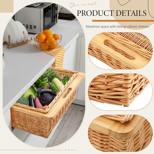 Memorywuu Rustic Wicker Pull out Cabinet Organizer Basket Drawers with Frame and Runners Slide 20" W x 20" l x 8" H for Kitchen Shelf Pantry Storage, Easy DIY Installation