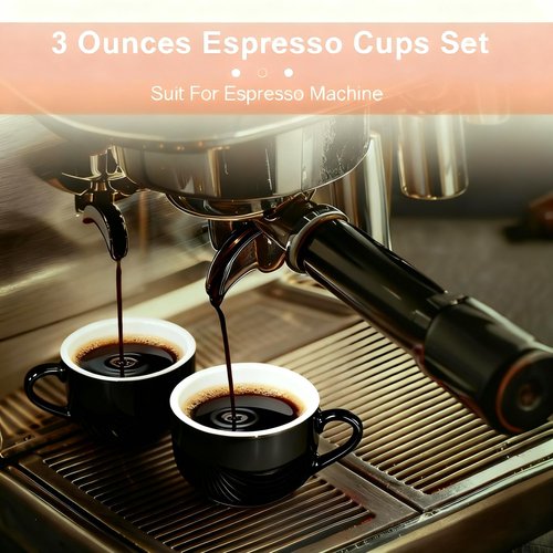 RENEWREVITAL 3 Ounce Espresso Cups Set of 4, Stackable Demitasse Mugs, Includes Display Stand, Cups Saucers, and Spoons, for Machines & Home Use, Black, Gold Tone