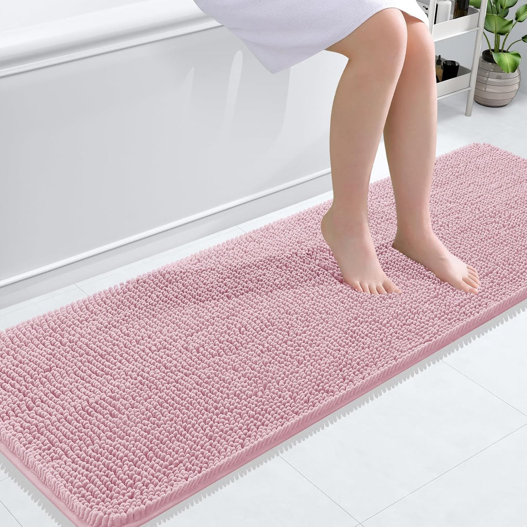 OLANLY Bathroom Runner Rugs - Soft Chenille Bath Mats with Rubber Backing | Quick-Dry, Machine Washable, 59x20, Dusty Rose