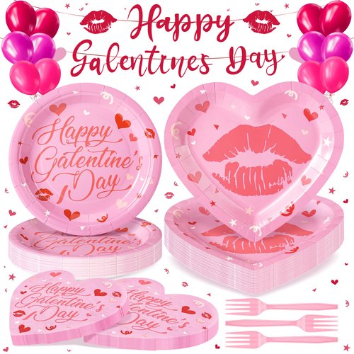 109PCS Happy Galentine's Day Party Supplies,Pink Love Heart Disposable Paper Plates Napkins Cups Forks Dinnerware for 24 Guest,Galentines Banner Balloons for Valentine's Day Anniversary Decorations