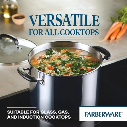 Farberware Brilliance Stainless Steel Stockpot - 8 Quart, Induction Ready, Dishwasher Safe, Glass Lid