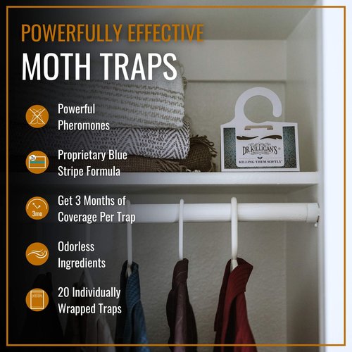 Dr. Killigan's Premium Double Potent Clothing Moth Traps with Pheromones Prime - Trap with Lure for Clothes Closets & Carpet - Case Making & Web Spinning Moth Prevention (20 Pack, White)