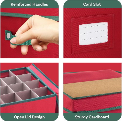 Elf Stor Christmas Decor Storage Box - Red Oxford Canvas Ornament Cube with 64 Compartment Dividers & Lid