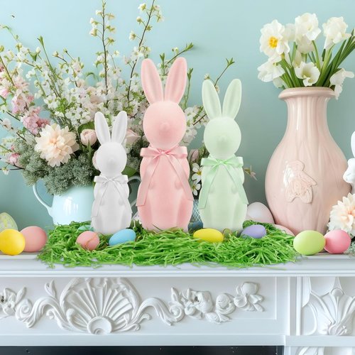 Letsroar Easter Bunny Decor Set - 3 Pack Flocked Bunnies (10", 13", 15") with Eggs & Grass | Spring Table Centerpiece