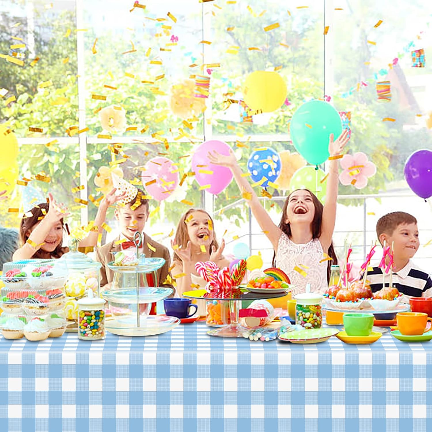 Skiennix Light Blue Checkered Tablecloth - 54" x 108" Waterproof Disposable Cover for Parties & Picnics