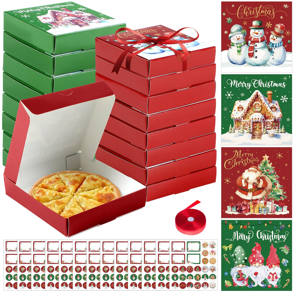 50 PCS Christmas Mini Pizza Boxes, 3.54 x 3.54 x 0.78 Inch Square Cardboard Small Reusable Pizza Box Lock Corner Coated Kraft Boxes Bulk for Celebrations Cookies Cake Party Favors Christmas