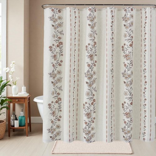 ORTIGIA Boho Floral Shower Curtains for Bathroom Linen Vintage Shower Curtain Set with Metal Hooks Waterproof Block Print Rustic Fabric Bath Curtain for Home, Weighted, 72x72