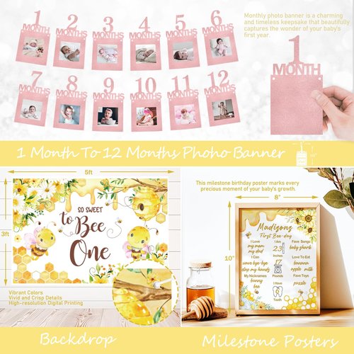 Fiesec First Bee Day Decorations Girl – 108PCs Honey Bee Themed 1st Birthday Party Supplies with So Sweet to Bee One Backdrop, Banner, Pink Yellow Balloon Garland Kit, Tablecloth