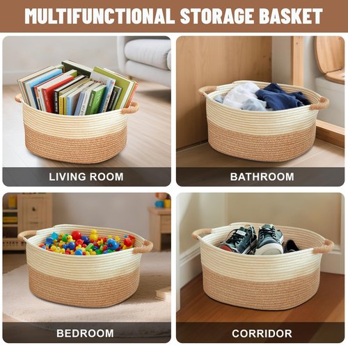 ELIDANTE Small Woven Laundry Basket, Cotton Rope Storage Basket for Bedroom, Nursery & Bathroom – Toy Storage Organizer (Small(21.65" L x 12.6" W x 8.46" H))