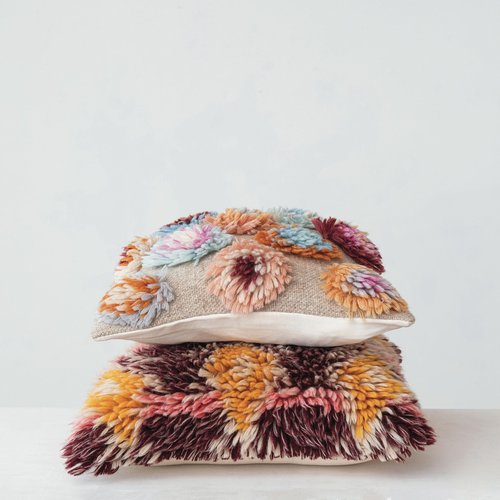 Creative Co-Op Square Woven New Zealand Wool Shag and Cotton Pillow, Multicolor