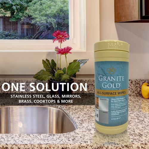 Grantie Gold All-Surface Cleaning Wipes, Deep-Cleans Stainless Steel, Mirrors, Glass, Appliances, Natural Stone, Brass, & Copper, Safe on Food-Prep Surfaces, Streak-Free, 40 Pre-Moistened Wipes