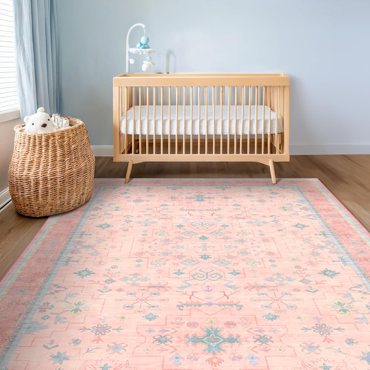 Oushak Rugs | Washable Pink and Blue 6x9 Area Rug - Soft Faux Wool, Modern Floral Design for Kids' Rooms