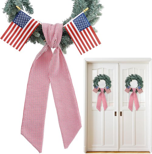 Hahafelt Patriotic Wreath Sashes - American Flag Design, 56 x 4.5 Inch Red & White Stripes for July 4th Decor