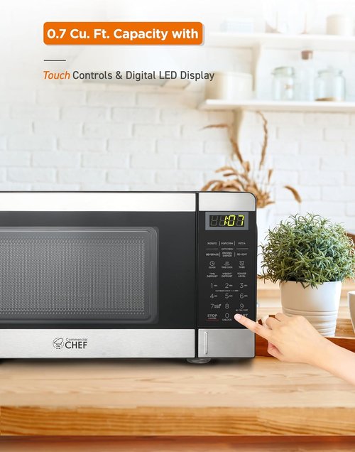Commercial Chef 0.7 Cu Ft Microwave - 10 Power Levels, 700W, Digital Display, Stainless Steel