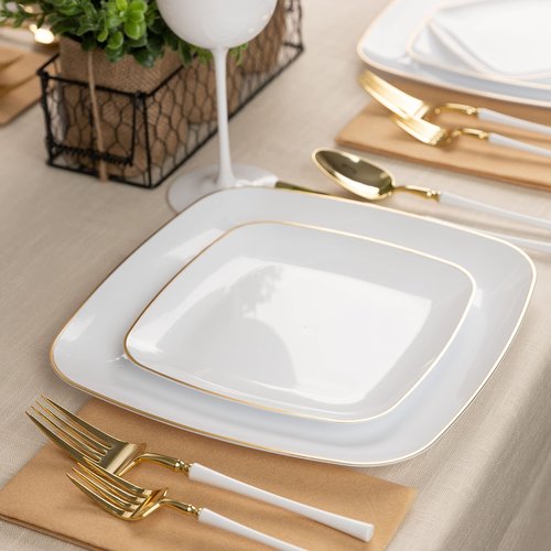 PLASTICPRO Square 128 Piece Combo Plates Set includes 64 x 7'' inch Plates & 64 x 10'' inch Dinner Plates White Plastic Gold Rim Design Party Plates, Premium heavyweight Elegant, Dishes,