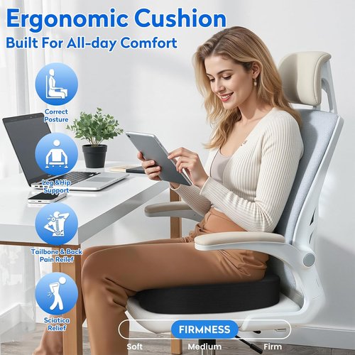 CushZone Seat Cushion - Memory Foam Relief for Sciatica, Tailbone & Back Pain - Black Orthopedic Coccyx Pillow