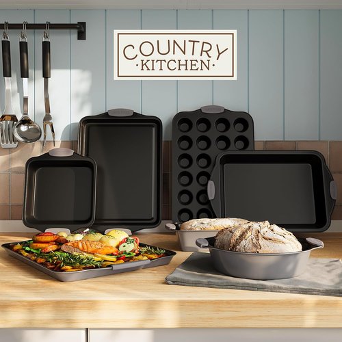 Country Kitchen Nonstick Bakeware Set - Durable, Easy Release, Stackable Design | 10 Pcs, Grey